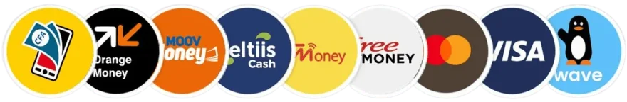 Mobile Money, Orange Money, Moov Money, Celtis Cash, Free Money, Mastercard, Visa et Wave